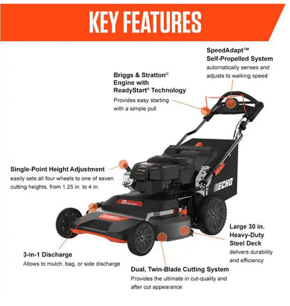 30 in. 223 CC Briggs and Stratton Gas 3-in-1 Dual Twin Blade RWD Self-Propelled Wide Area Lawn Mower with ReadyStart | #0001